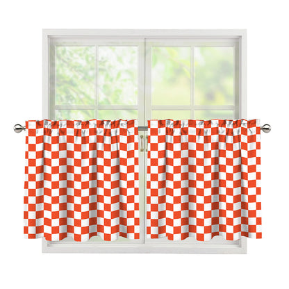 Lava Orange And White Checkered Print Tier Curtains
