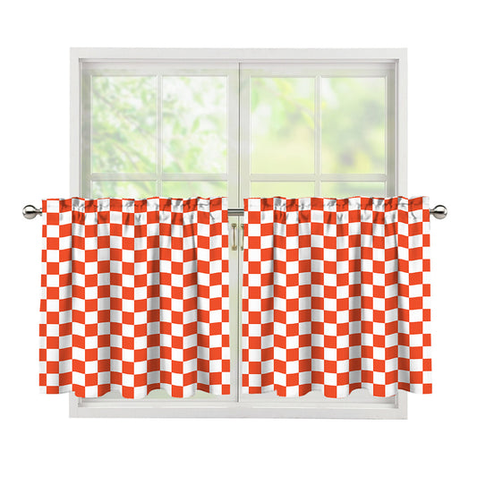 Lava Orange And White Checkered Print Tier Curtains
