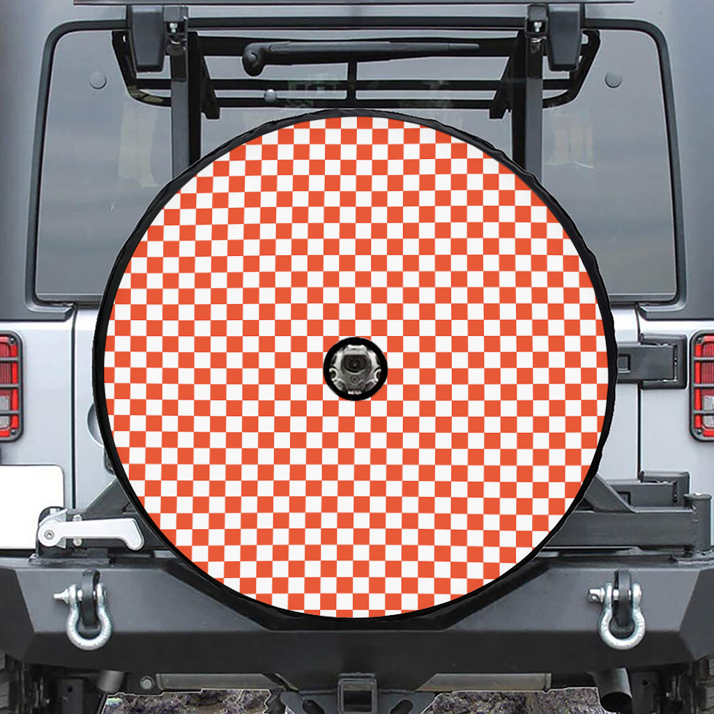 Lava Orange And White Checkered Print Tire Cover With Camera Hole