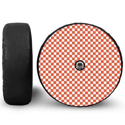 Lava Orange And White Checkered Print Tire Cover With Camera Hole