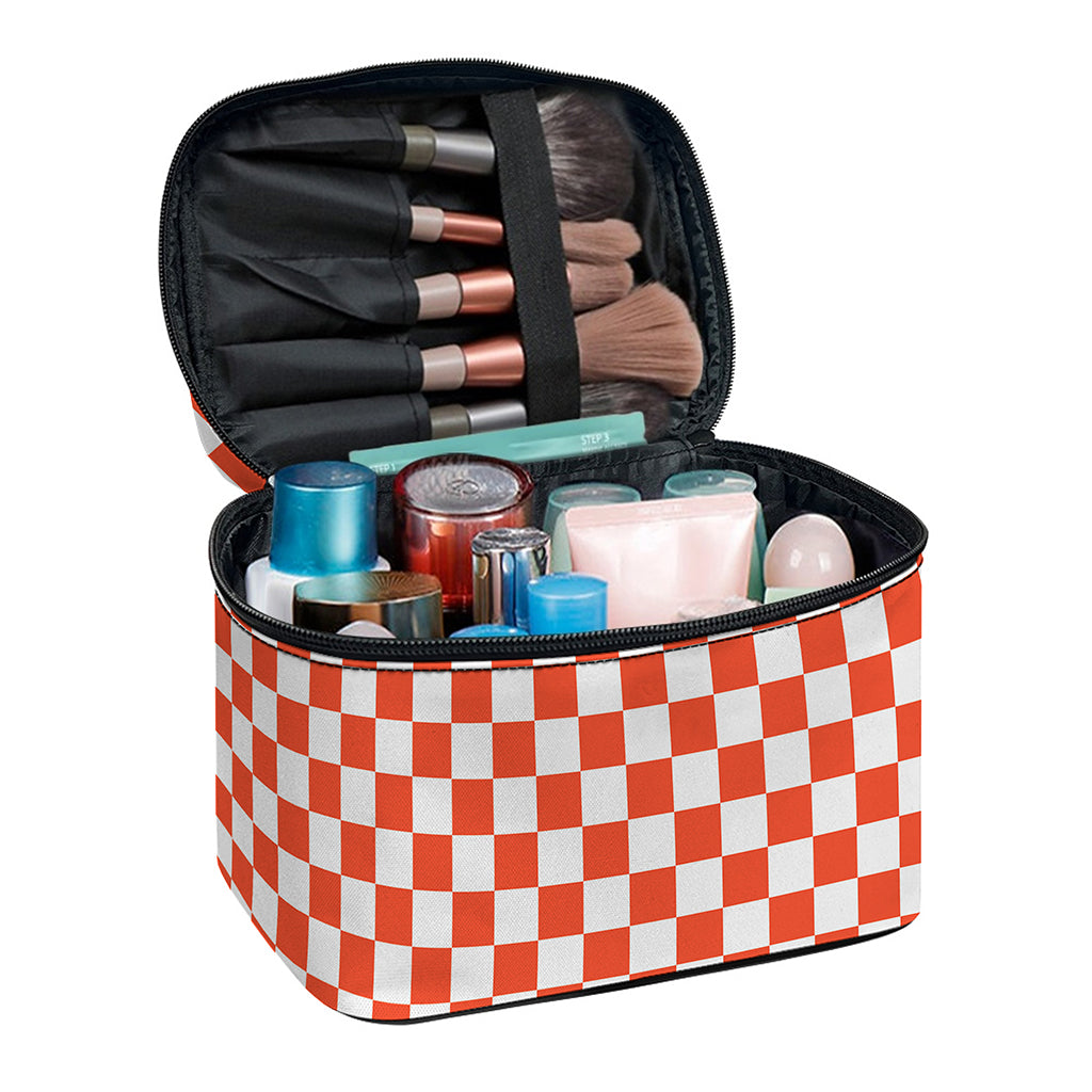 Lava Orange And White Checkered Print Travel Makeup Bag