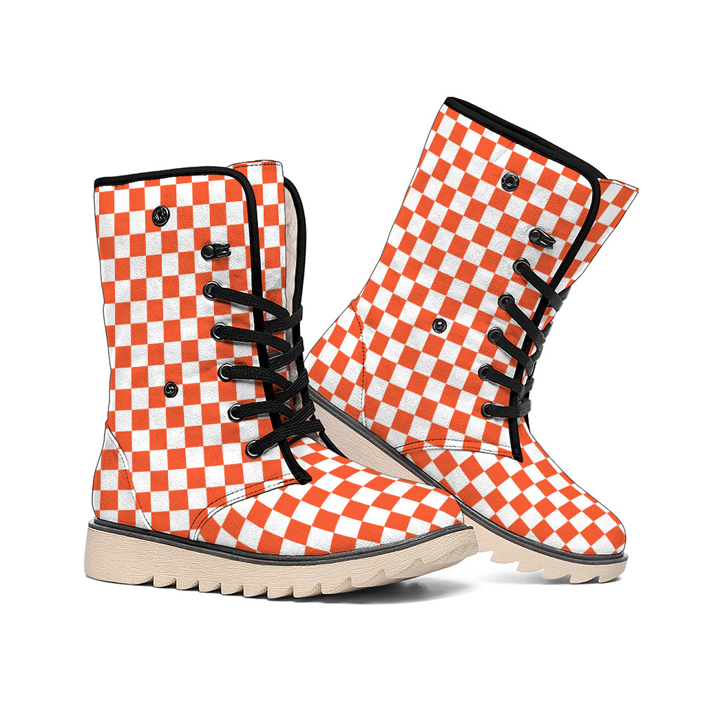 Lava Orange And White Checkered Print Winter Boots