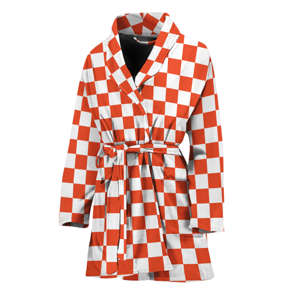 Lava Orange And White Checkered Print Women's Bathrobe