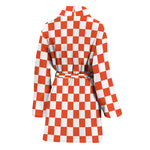 Lava Orange And White Checkered Print Women's Bathrobe