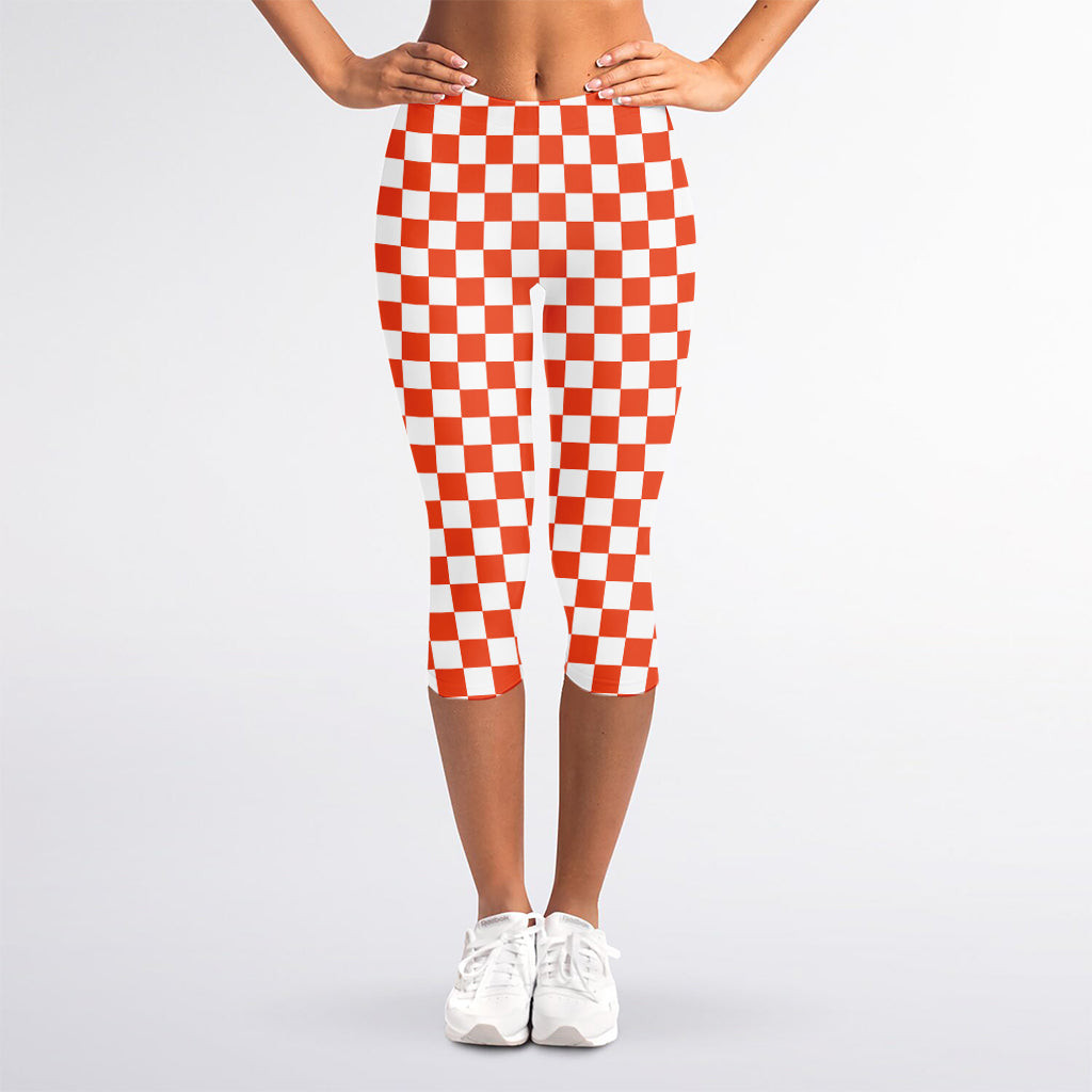 Lava Orange And White Checkered Print Women's Capri Leggings