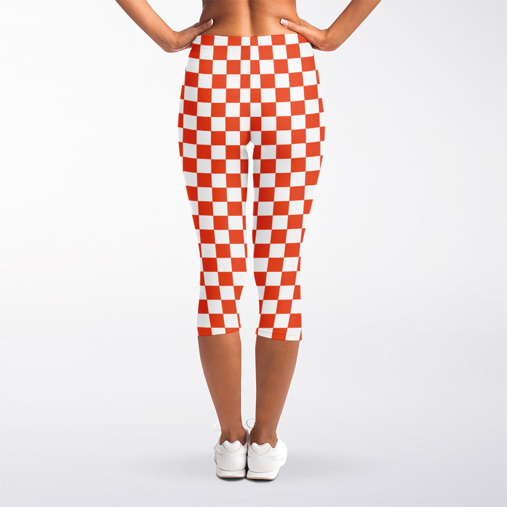 Lava Orange And White Checkered Print Women's Capri Leggings