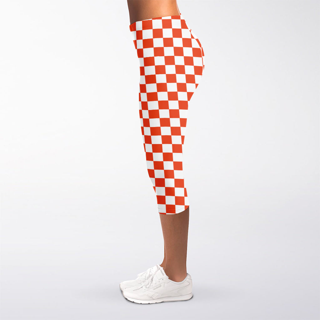 Lava Orange And White Checkered Print Women's Capri Leggings