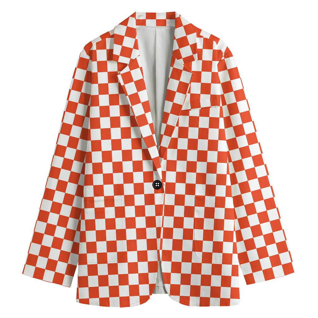 Lava Orange And White Checkered Print Women's Cotton Blazer