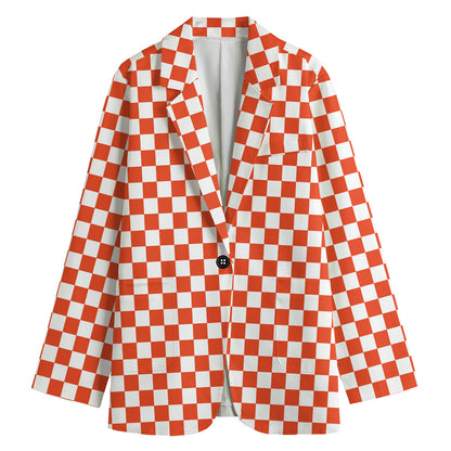 Lava Orange And White Checkered Print Women's Cotton Blazer