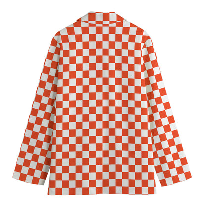 Lava Orange And White Checkered Print Women's Cotton Blazer