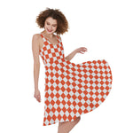Lava Orange And White Checkered Print Women's Sleeveless Dress