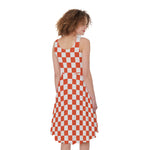 Lava Orange And White Checkered Print Women's Sleeveless Dress