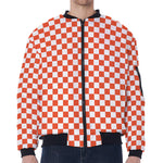 Lava Orange And White Checkered Print Zip Sleeve Bomber Jacket