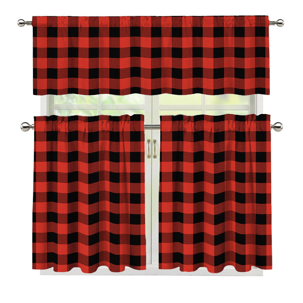Lava Orange Buffalo Check Pattern Print 3 Piece Kitchen Curtains
