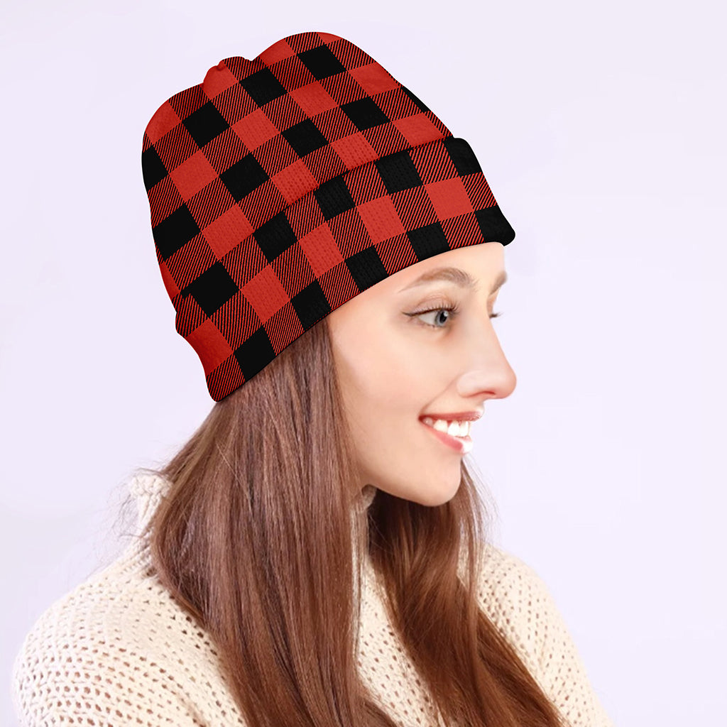 Lava Orange Buffalo Check Pattern Print Beanie