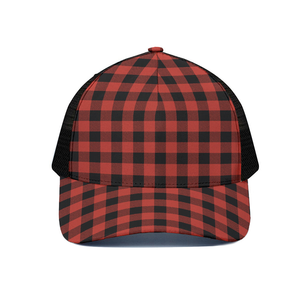 Lava Orange Buffalo Check Pattern Print Black Mesh Trucker Cap