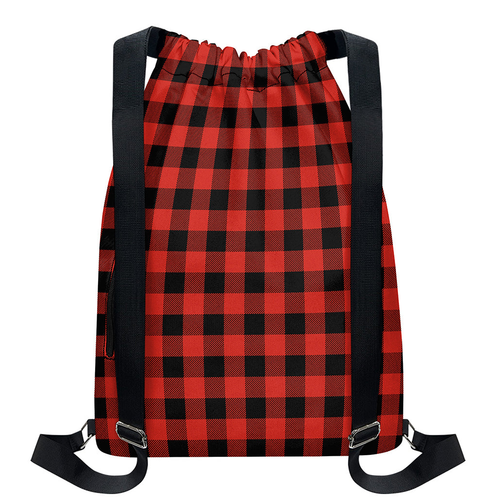 Lava Orange Buffalo Check Pattern Print Drawstring Backpack