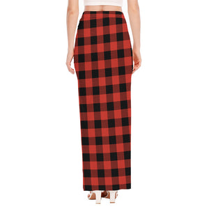 Lava Orange Buffalo Check Pattern Print High Slit Maxi Skirt