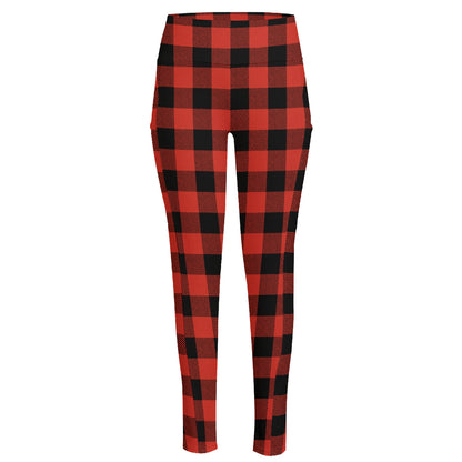 Lava Orange Buffalo Check Pattern Print High-Waisted Pocket Leggings