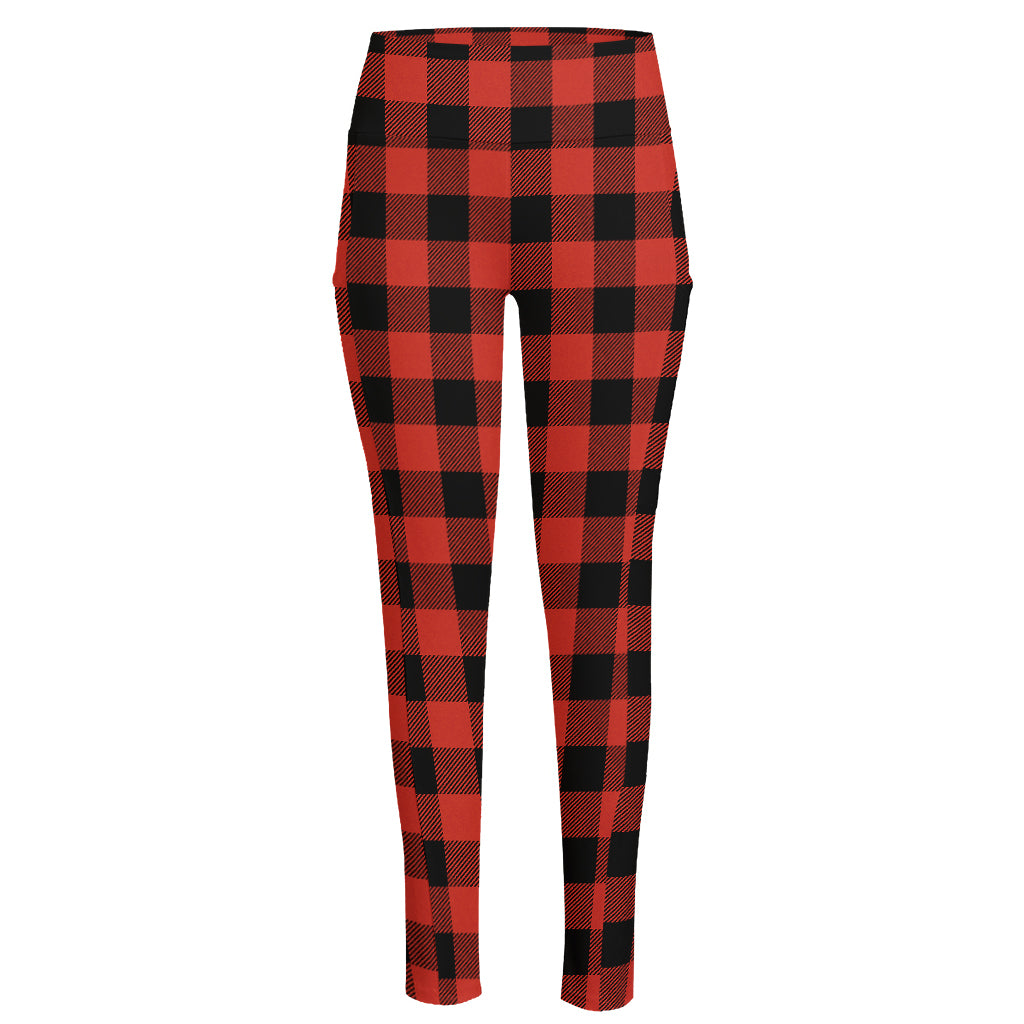 Lava Orange Buffalo Check Pattern Print High-Waisted Pocket Leggings