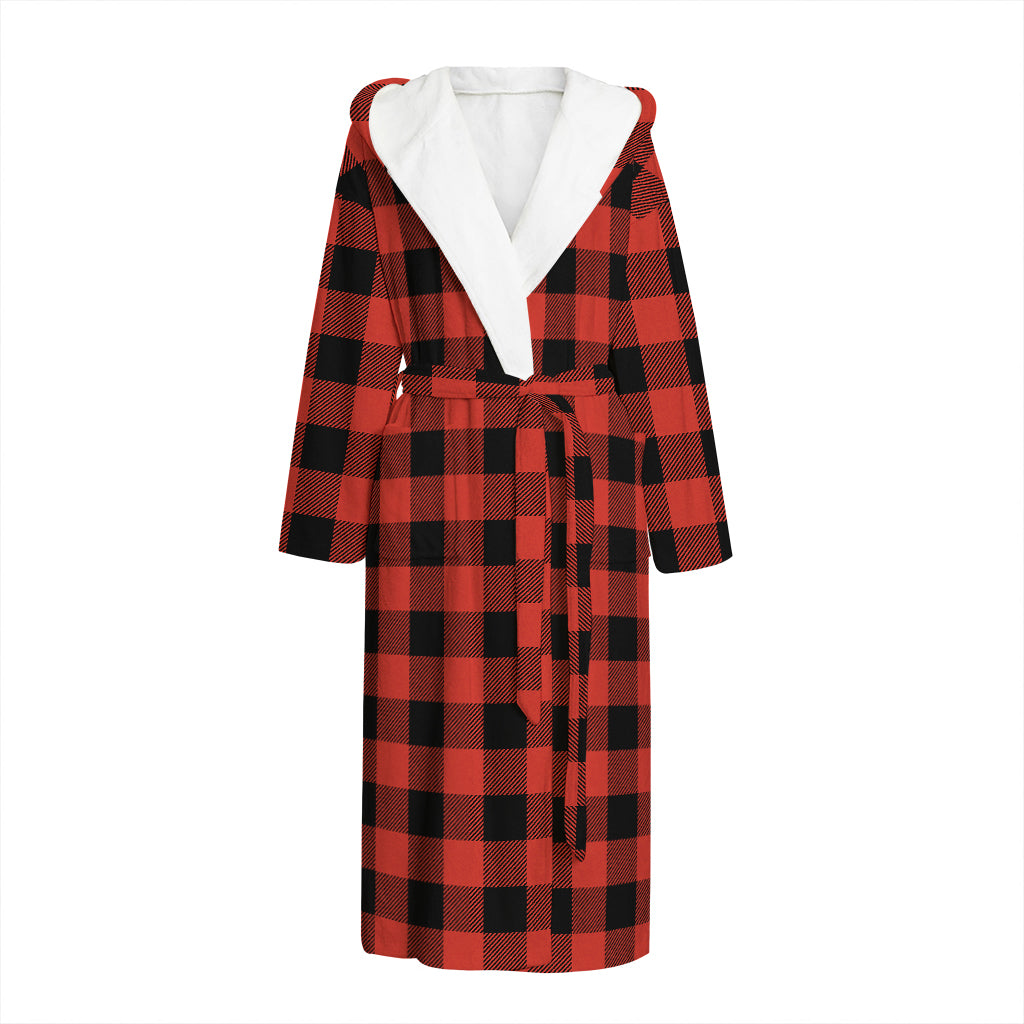 Lava Orange Buffalo Check Pattern Print Hooded Bathrobe