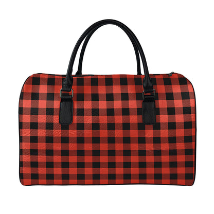 Lava Orange Buffalo Check Pattern Print Leather Duffle Bag