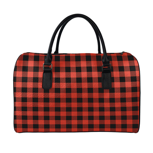 Lava Orange Buffalo Check Pattern Print Leather Duffle Bag