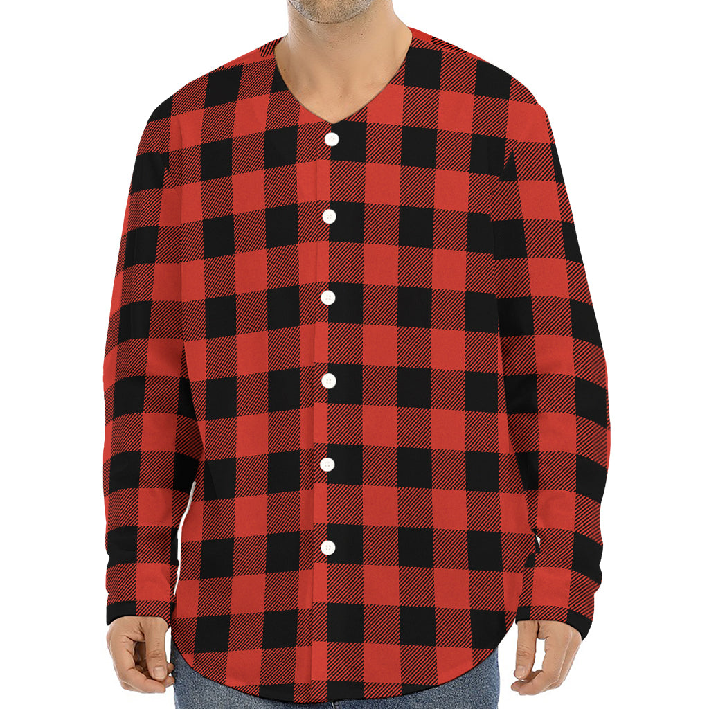 Lava Orange Buffalo Check Pattern Print Long Sleeve Baseball Jersey