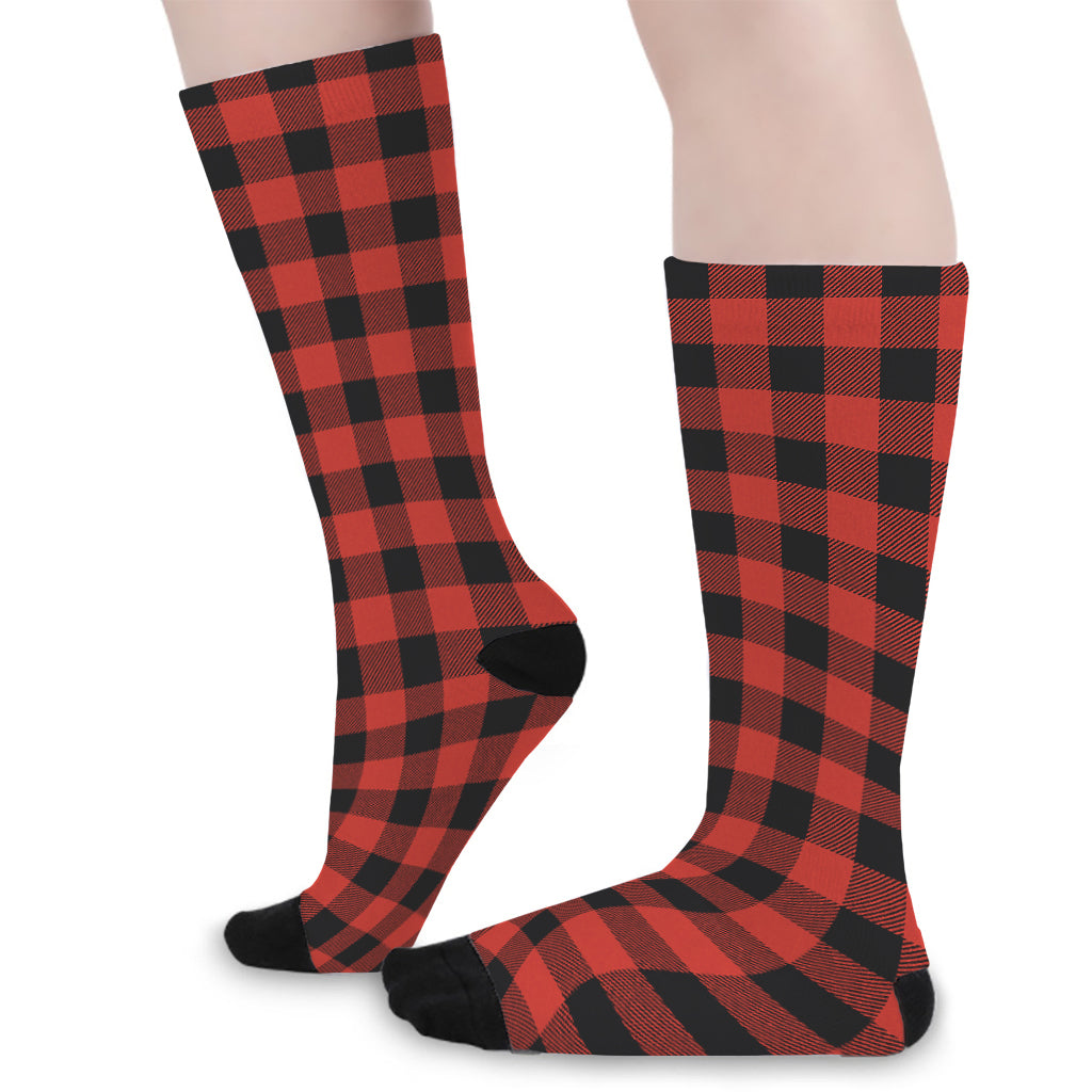 Lava Orange Buffalo Check Pattern Print Long Socks