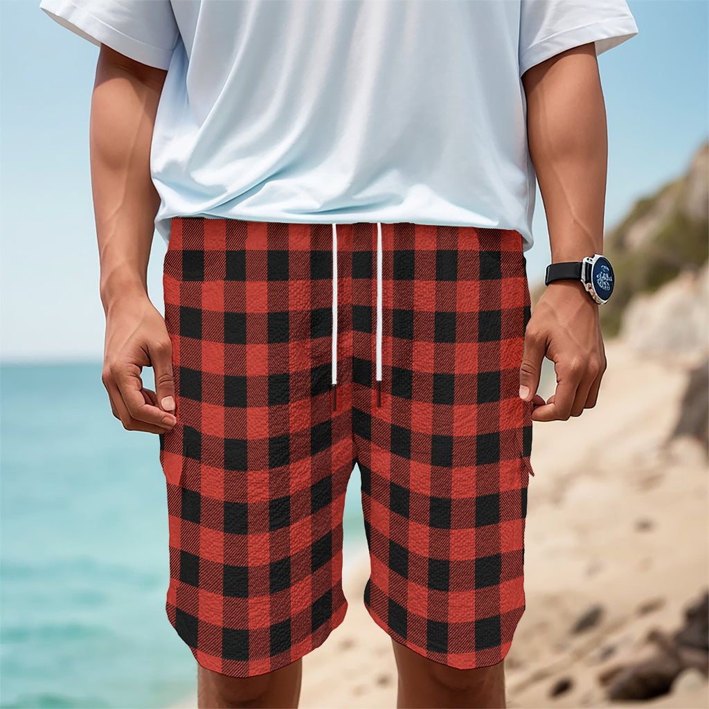 Lava Orange Buffalo Check Pattern Print Men's Cargo Shorts