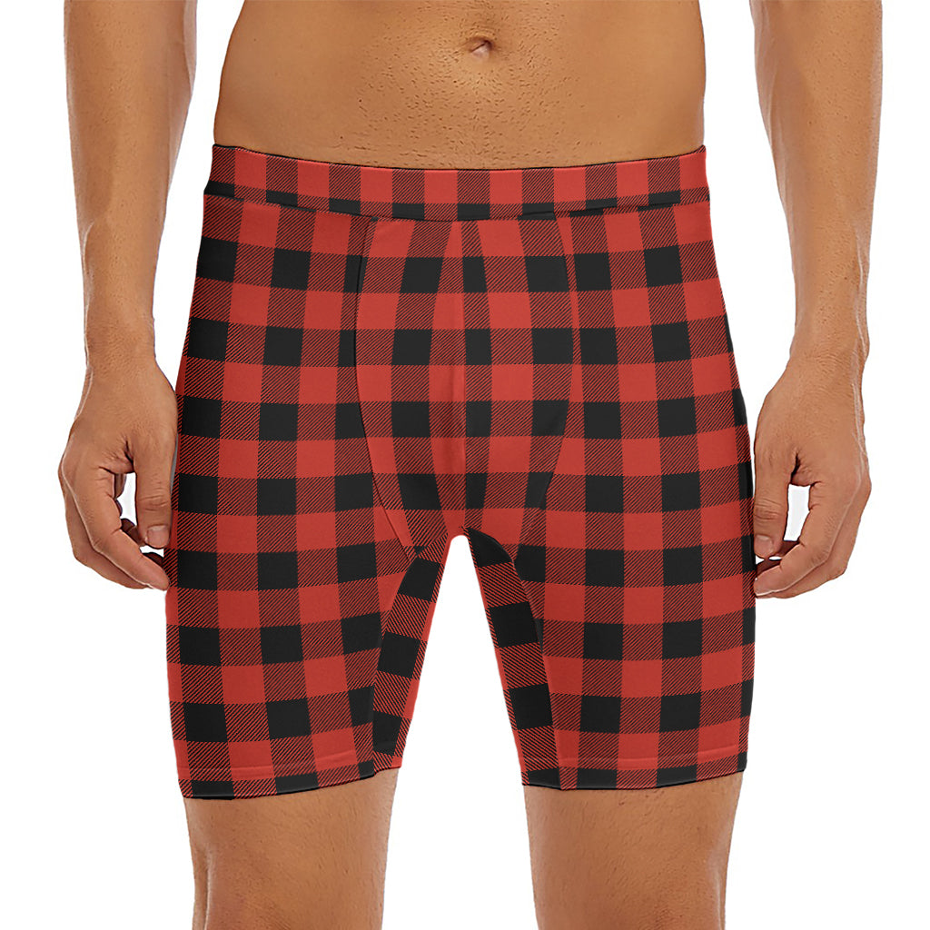 Lava Orange Buffalo Check Pattern Print Men's Long Boxer Briefs