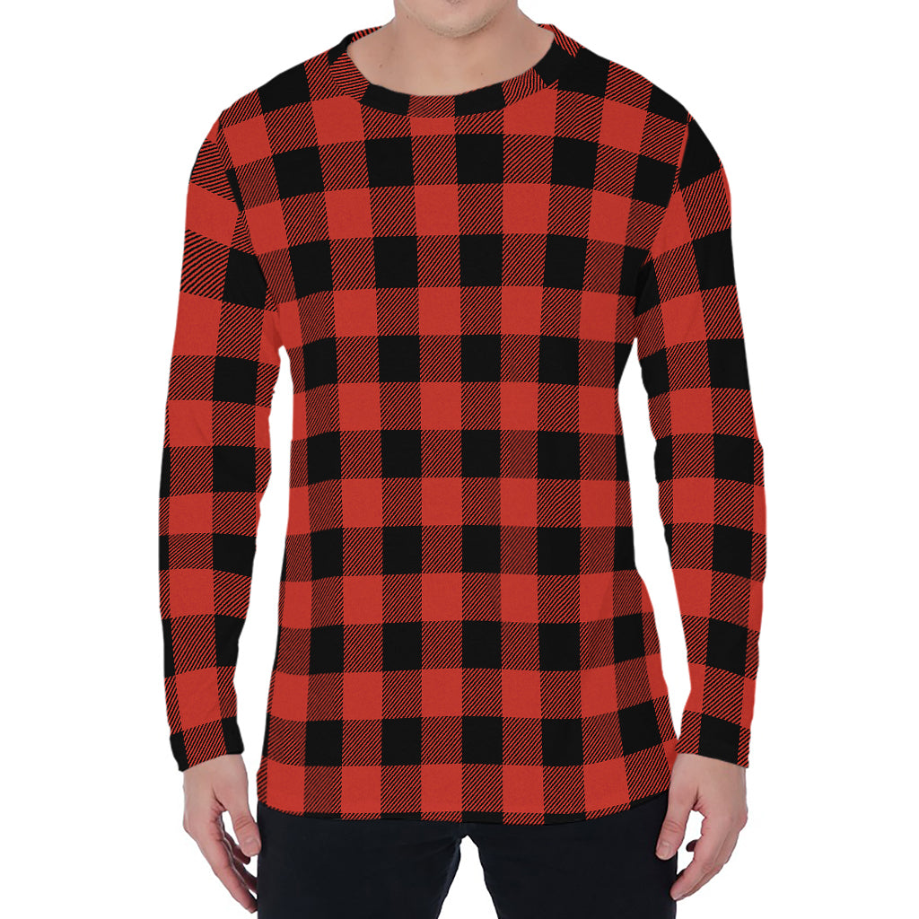 Lava Orange Buffalo Check Pattern Print Men's Long Sleeve T-Shirt