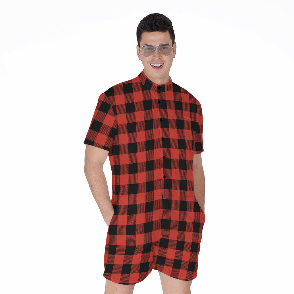 Lava Orange Buffalo Check Pattern Print Men's Rompers