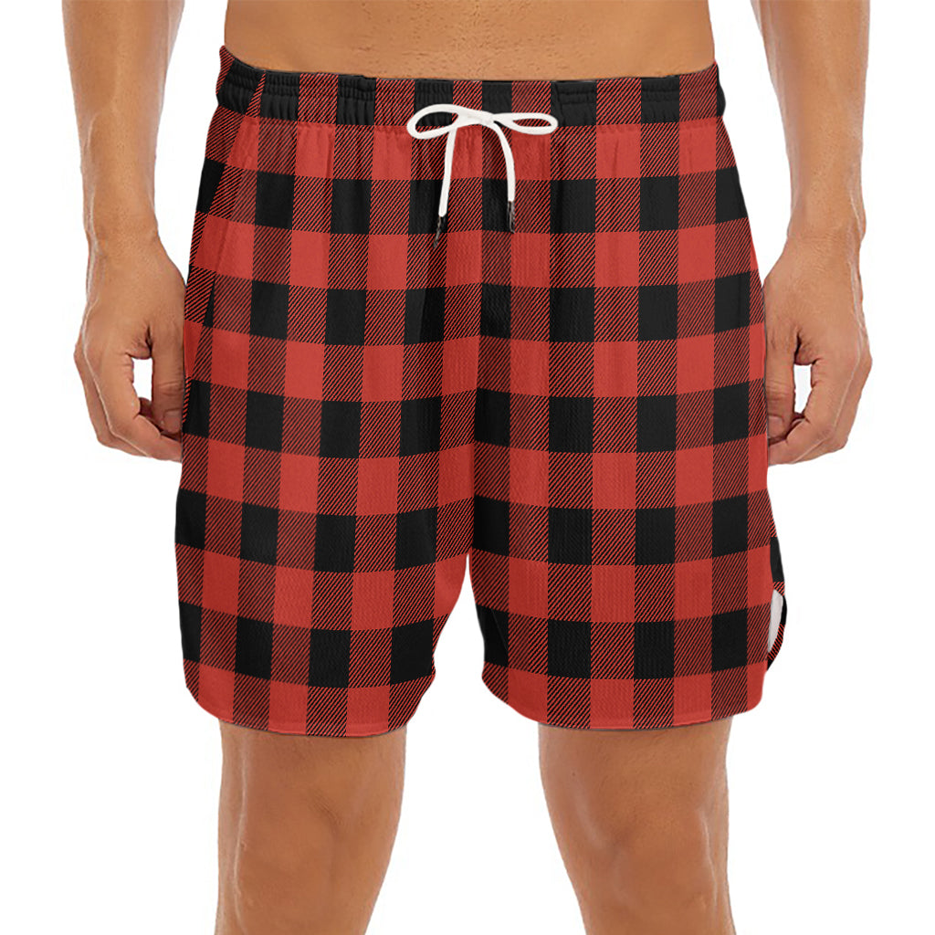 Lava Orange Buffalo Check Pattern Print Men's Split Running Shorts