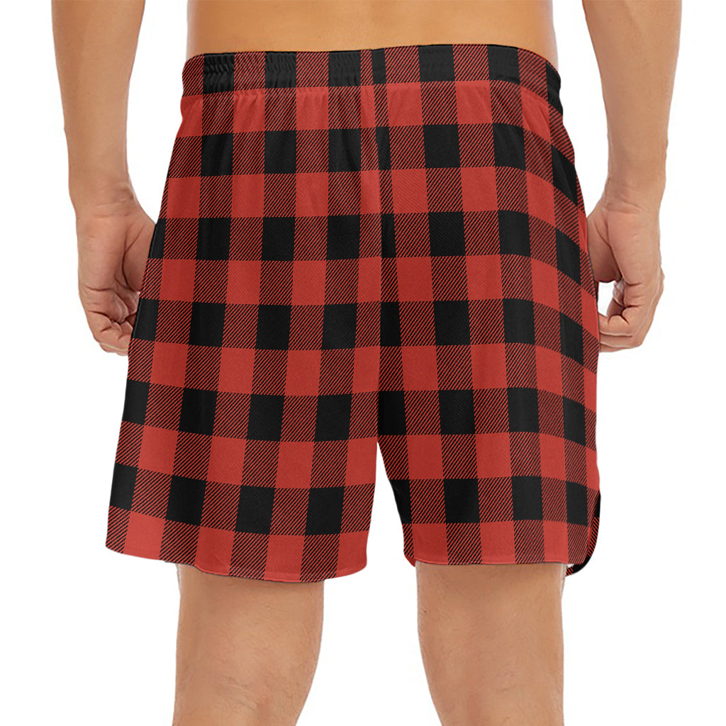 Lava Orange Buffalo Check Pattern Print Men's Split Running Shorts