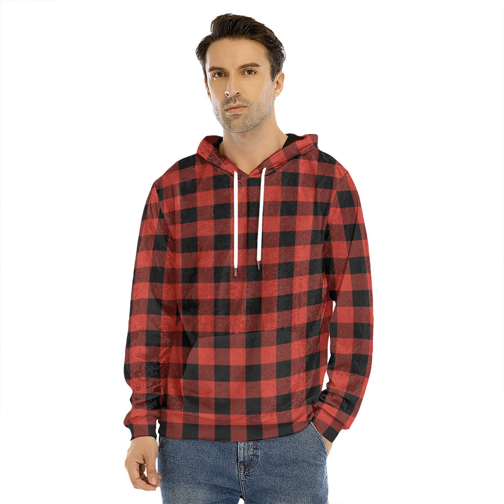 Lava Orange Buffalo Check Pattern Print Men's Velvet Pullover Hoodie