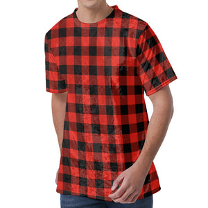 Lava Orange Buffalo Check Pattern Print Men's Velvet T-Shirt