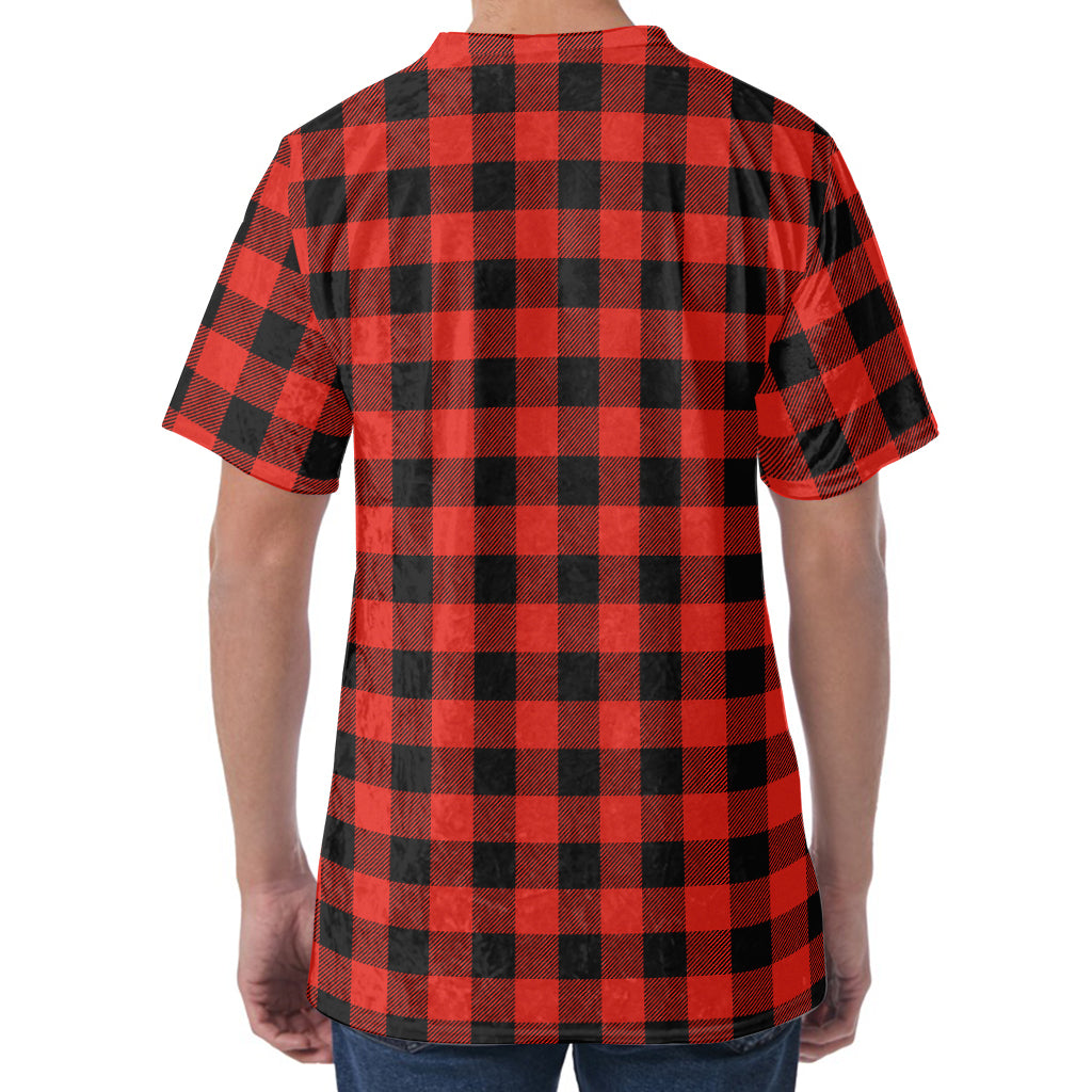 Lava Orange Buffalo Check Pattern Print Men's Velvet T-Shirt