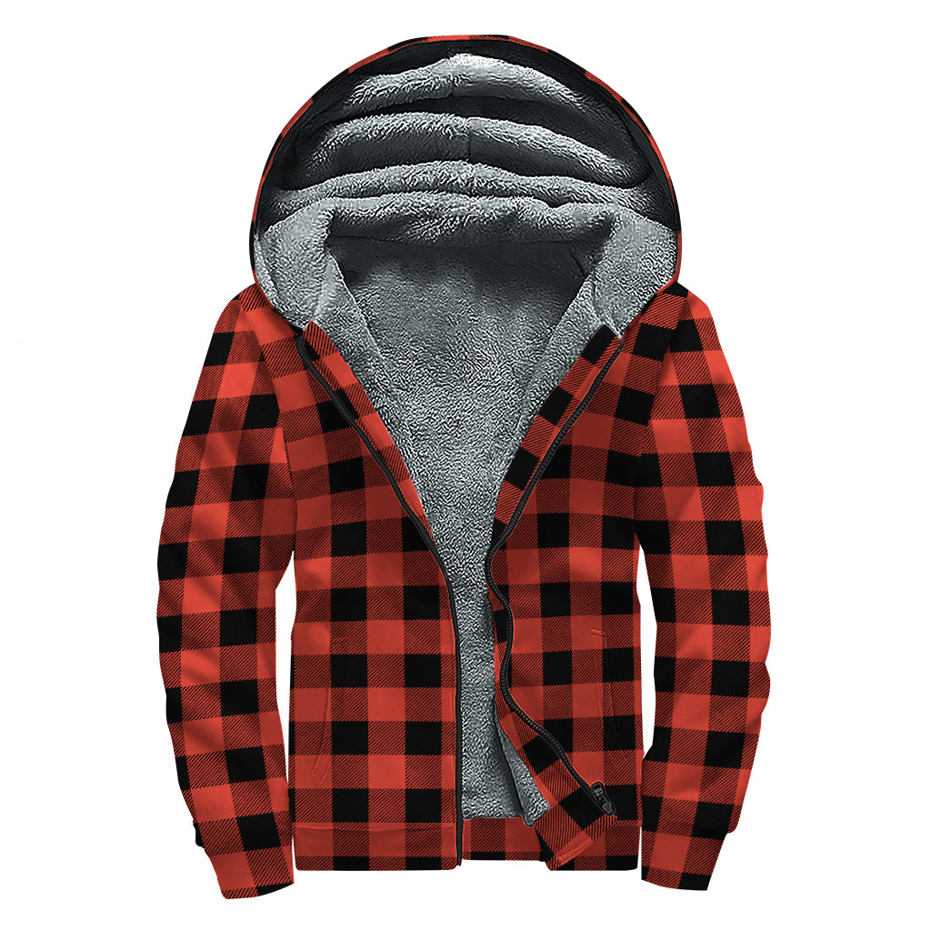 Lava Orange Buffalo Check Pattern Print Sherpa Lined Zip Up Hoodie