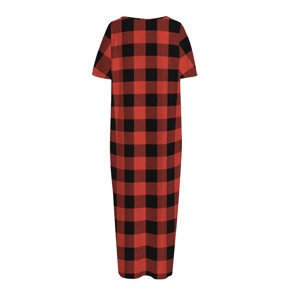 Lava Orange Buffalo Check Pattern Print Short Sleeve Long Nightdress