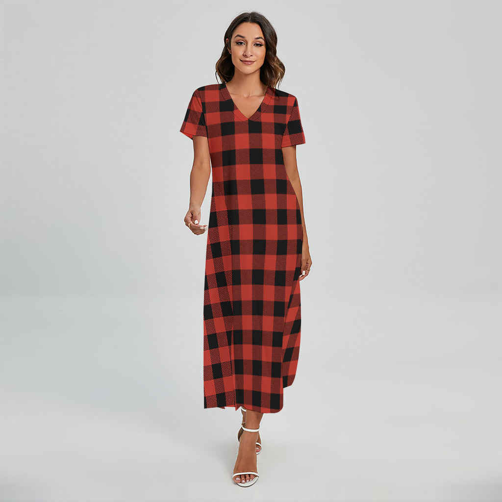 Lava Orange Buffalo Check Pattern Print Short Sleeve Maxi Dress