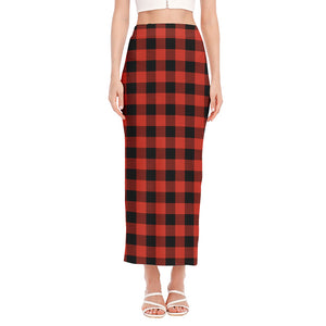 Lava Orange Buffalo Check Pattern Print Side Slit Maxi Skirt