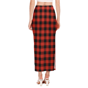 Lava Orange Buffalo Check Pattern Print Side Slit Maxi Skirt