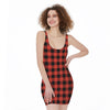 Lava Orange Buffalo Check Pattern Print Sleeveless Bodycon Dress