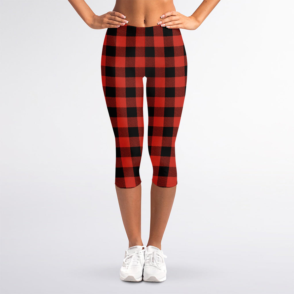 Lava Orange Buffalo Check Pattern Print Women's Capri Leggings