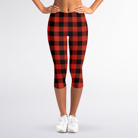 Lava Orange Buffalo Check Pattern Print Women's Capri Leggings