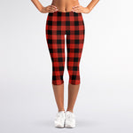 Lava Orange Buffalo Check Pattern Print Women's Capri Leggings