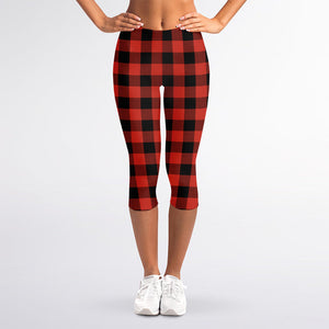 Lava Orange Buffalo Check Pattern Print Women's Capri Leggings