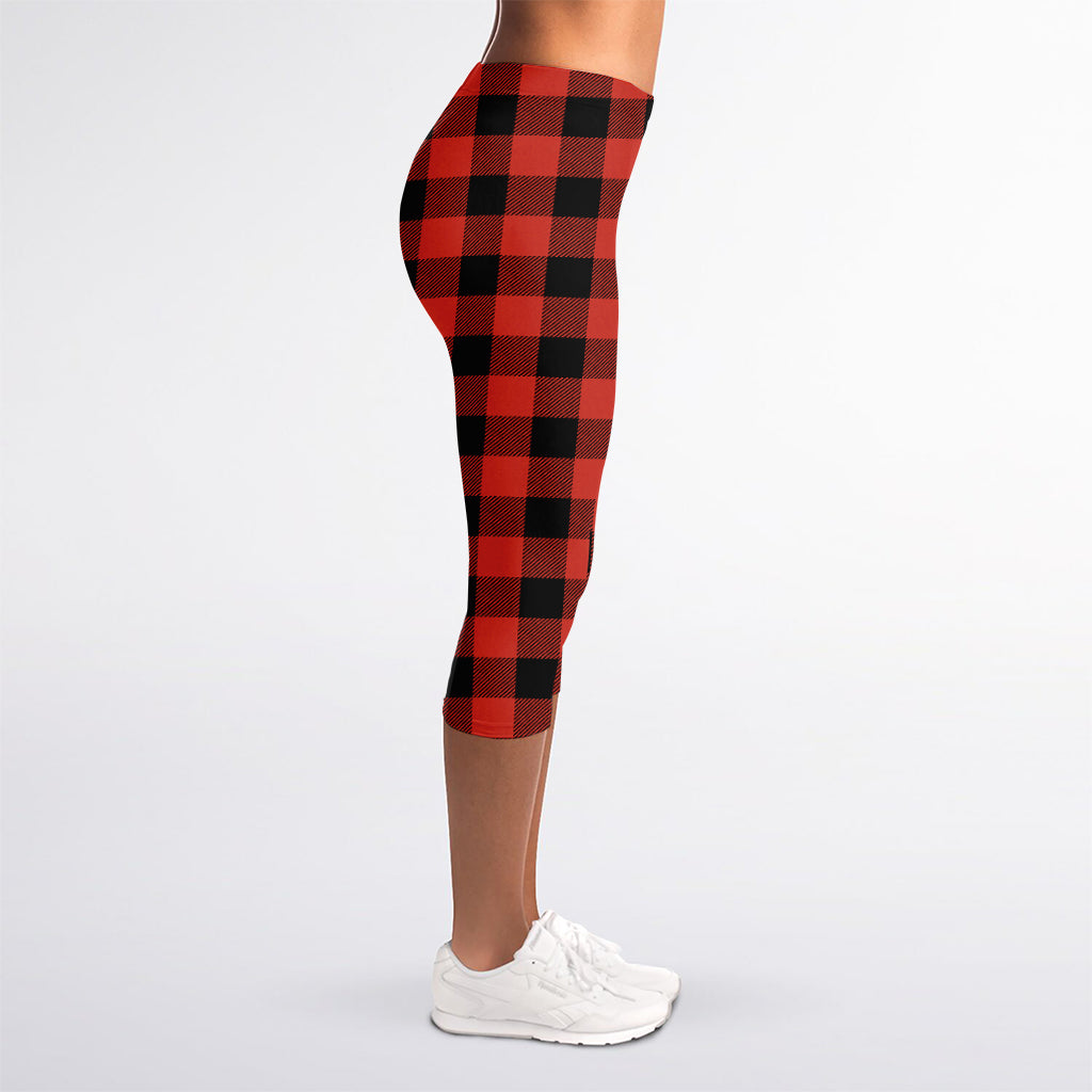 Lava Orange Buffalo Check Pattern Print Women's Capri Leggings