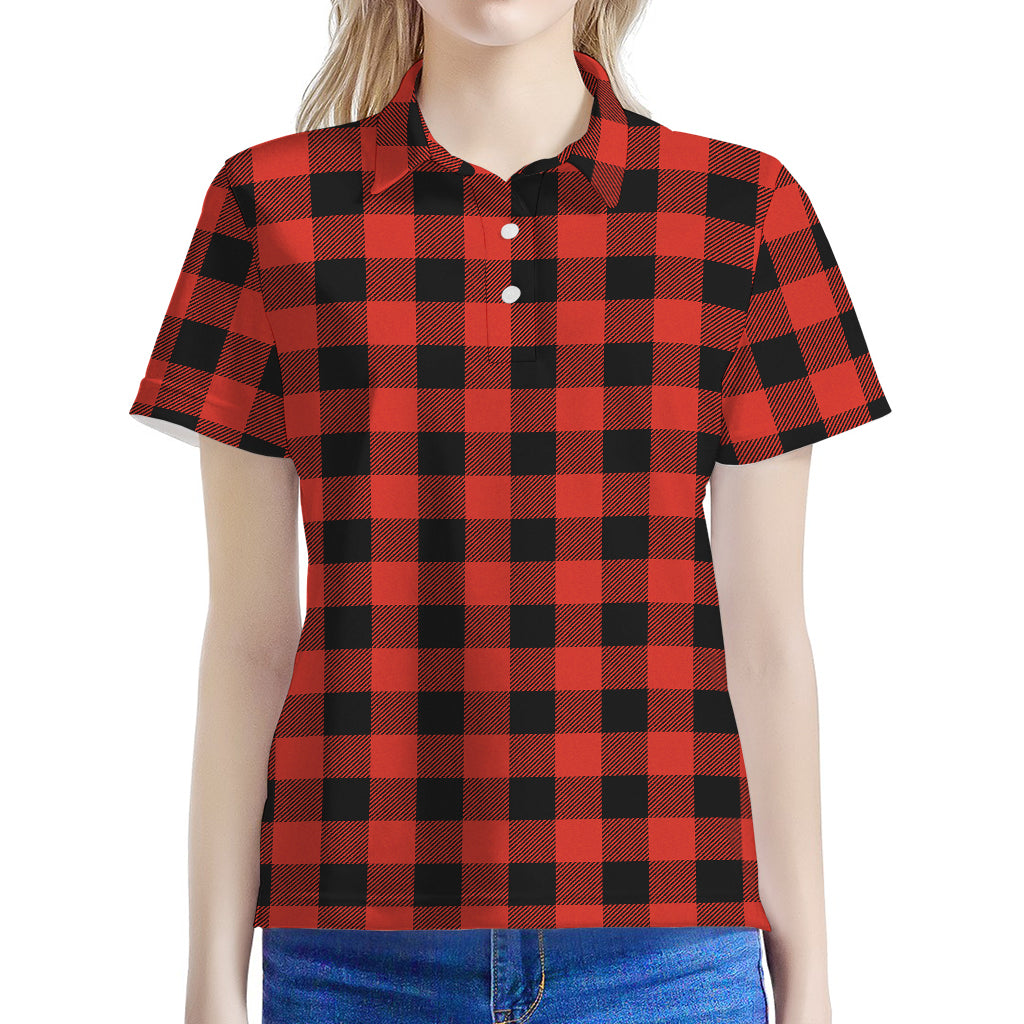 Lava Orange Buffalo Check Pattern Print Women's Polo Shirt